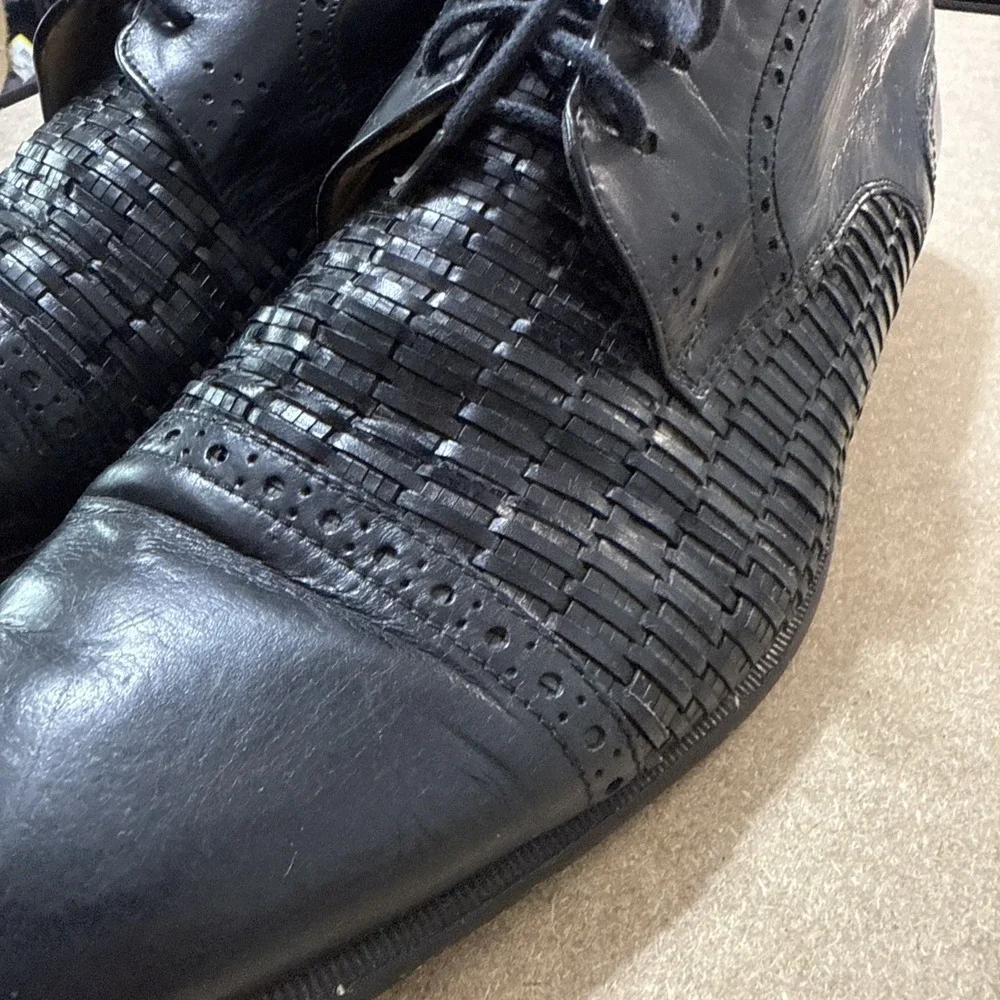 Vtg Mens 8.5 Dress Shoes Black‎ Woven Leather Cap Toe Lace Up Old Money Preppy